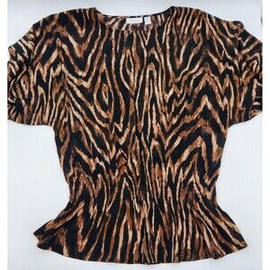 Chicos Womens Animal Print Blouse Top Tunic Size 2 Gathered Elastic Waist Band
